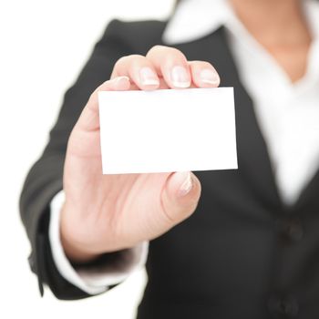 Business card closeup - businesswoman in black suit holding blank empty sign. 