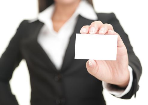 Businesswoman showing and handing a blank business card. Business woman in black suit Isolated on white background.
