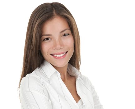 Business woman portrait isolated over a white background. Beautiful young mixed race chinese / caucasian businesswoman.