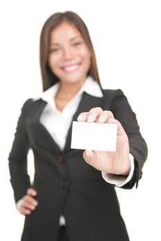 Business card woman. Pretty mixed chinese asian / caucasian business woman isolated on white.