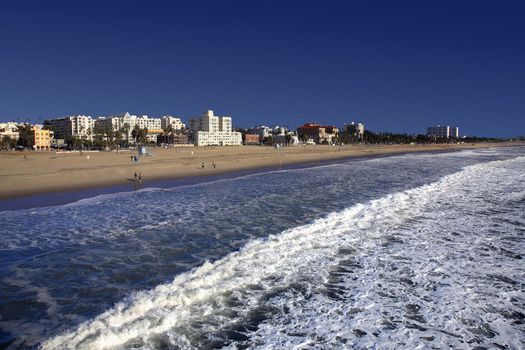 Santa Monica Beach with Santa Monica Pier in the background, California, USA