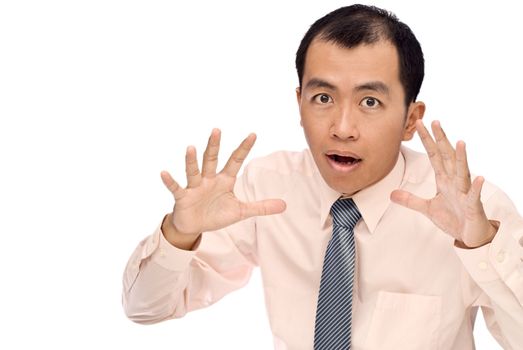 Surprise businessman face with opening hand and mouth on white background.