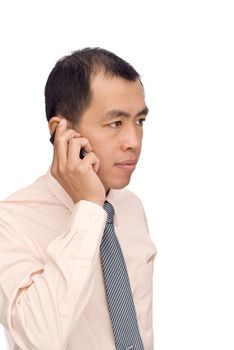 Call of businessman of Asian by cellphone on white background.