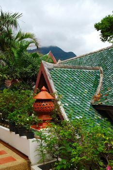 green roof of traditional thai pagoda