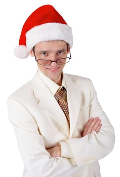 Smiling businessman in a Christmas hat on a white background