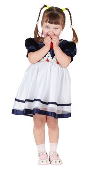 Funny girl in a beautiful dress on a white background