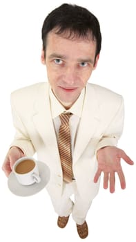 A young man in a white suit with a coffee