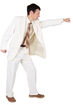 Businessman punching, isolated on a white background