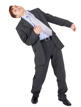 A young man lost his balance after a stroke, isolated on a white background