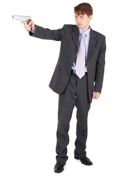 Young man aiming a firearm, isolated on a white background