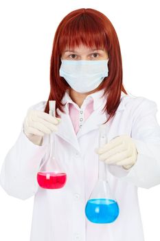 A young woman - a scientist with chemical reagents, isolated on a white background
