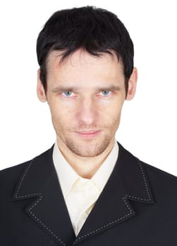 Portrait of serious man in a black suit isolated on white background