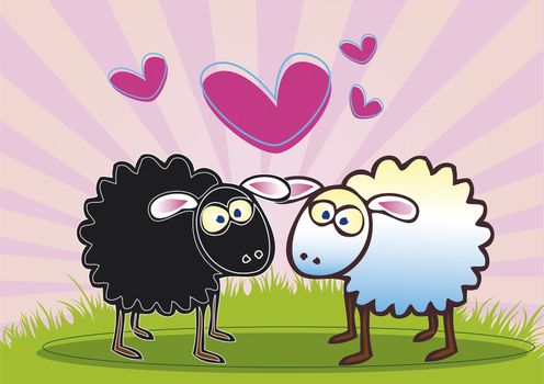 A hand drawn illustration of one black and one white coloured sheep. Both staring at each other with love hearts busrsting above their heads.