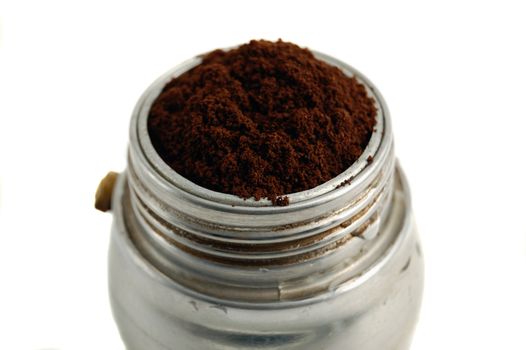 closeup of coffee powder in a typical  italian coffee machine (moka)