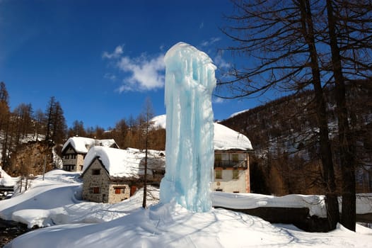 frozen fountain in an Italain Alpine village (Alpe Devero)