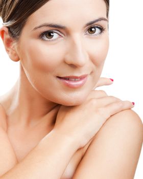 Close-up portrait of a beautiful and fresh woman isolated on white