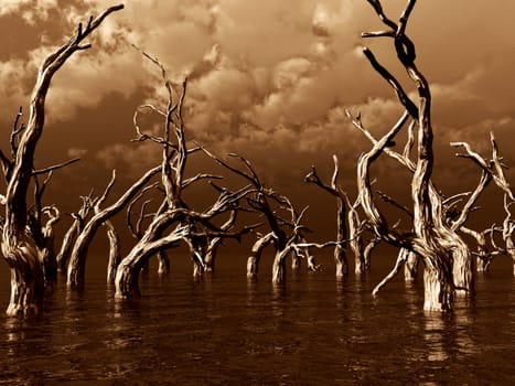 dead trees at a dark water landscape - 3d illustration