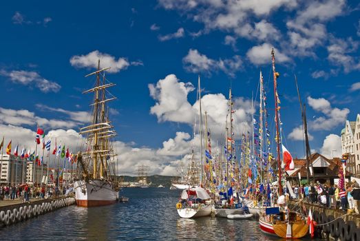 Sailboats and ships in Bergen city of Norway on a Sunny day!