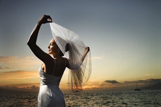 Young adult female Caucasian bride holding out veil on beach.