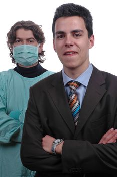 young doctor and businessman portrait over white background