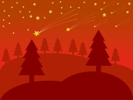 a red illustration of a christmas landscape