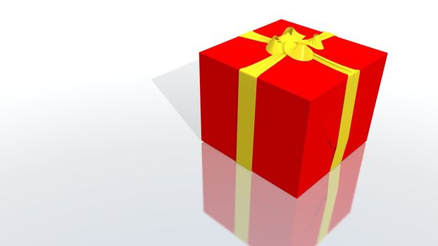 a 3d rendering of a red gift with yellow ribbon