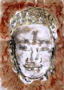 an ink monoprint of the head of Buddha