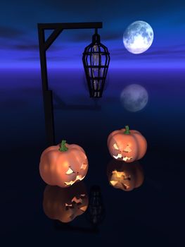 a 3d rendering of halloween pumpkins and skeletton in a cageman