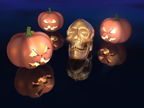 a 3d rendering of pumpkins and golden skull