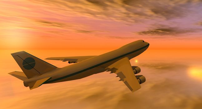 747 flying in an yellow and orange sky at sunset