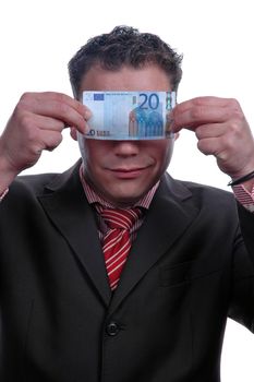 blind businessman showing money, isolated over white