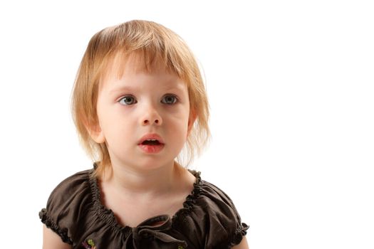 Little beauty girl terrifically wonder and open her mouth. She seeing smb interesting from the right of photographer. 
