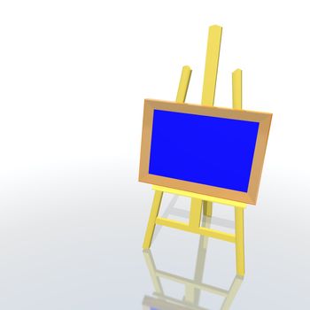 a 3d render of a wooden easel and a frame painting