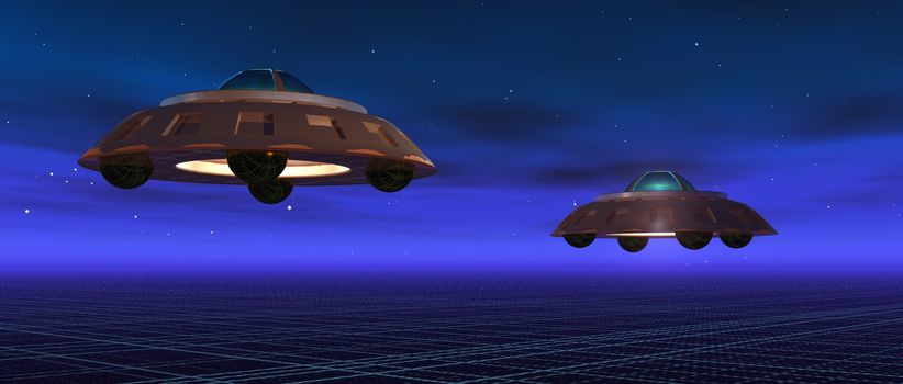 a 3d render of two flying saucers in a blue night