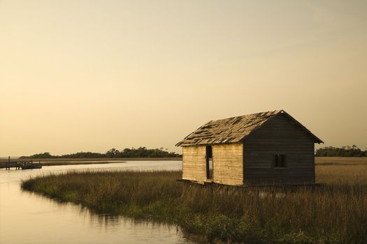 Worn out building in marsh on Bald Head Island, North Carolina.