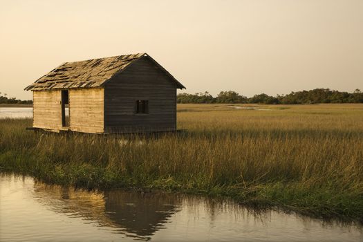 Worn out building in marsh on Bald Head Island, North Carolina.