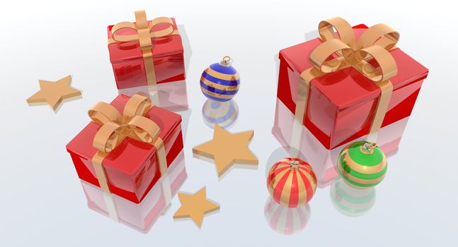 a 3d render of Christmas balls and gifts