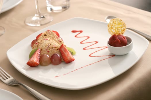 plate with fruits and ice-cream