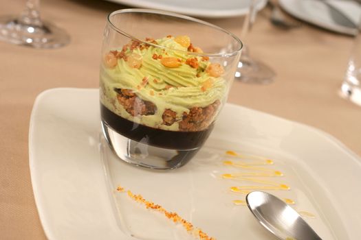 Artistic Dessert with ice-cream and raisins