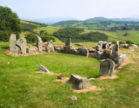 Neolithic court cairn and burial chamber on a hillside at Ballymacdermot, County Armagh, Northern Ireland