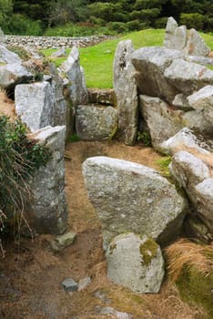 Burial chamber at Ballymacdermot neolithic court cairn, County Armagh, Northern Ireland