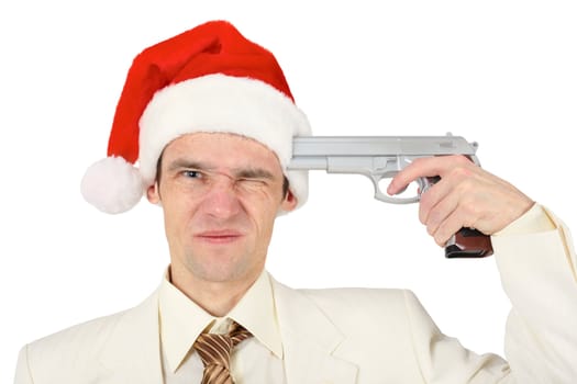 Man in a Christmas hat tries to shoot himself on white