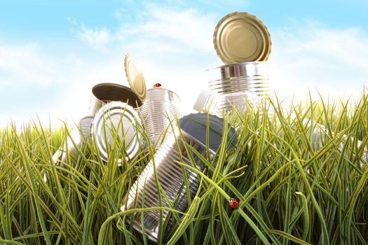 Forgotten empty cans and bottles laying in the grass