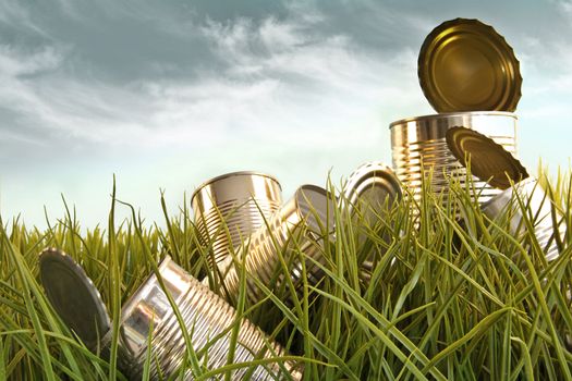 Discarded aluminum cans in tall grass against sky