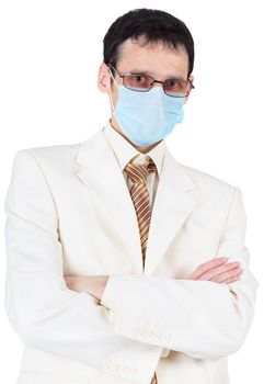 Businessman in a sterile medical mask on a white background