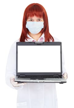 The woman - a doctor shows a computer screen
