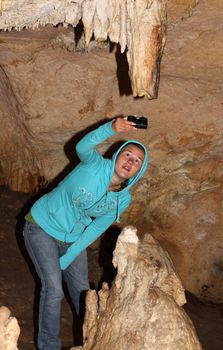 girl, photograph, cave, cavern, grotto, vault, mountain, breed, geology, stalactite, stalagmite, limestone, flow, crimea 