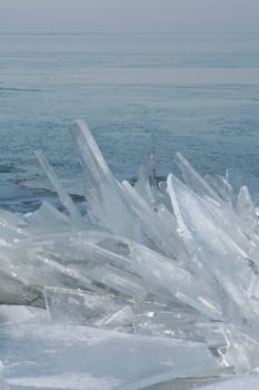 Sheets of ice broken and staked on top of each other.