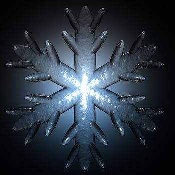 A detail of a snowflake with an icy appearance isolated on black with a blue halo.