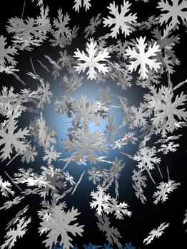 An image of snowflakes falling against a black backdrop with a blue glow in the center.